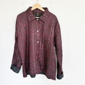 Jerry T Crinkle Jacket Womens XL Burgundy Black Reversible Button Up Artsy